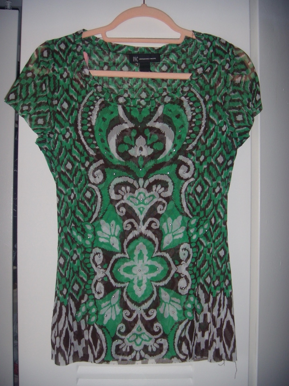 INC International Concepts Green and Brown Printed Short Sleeve Top